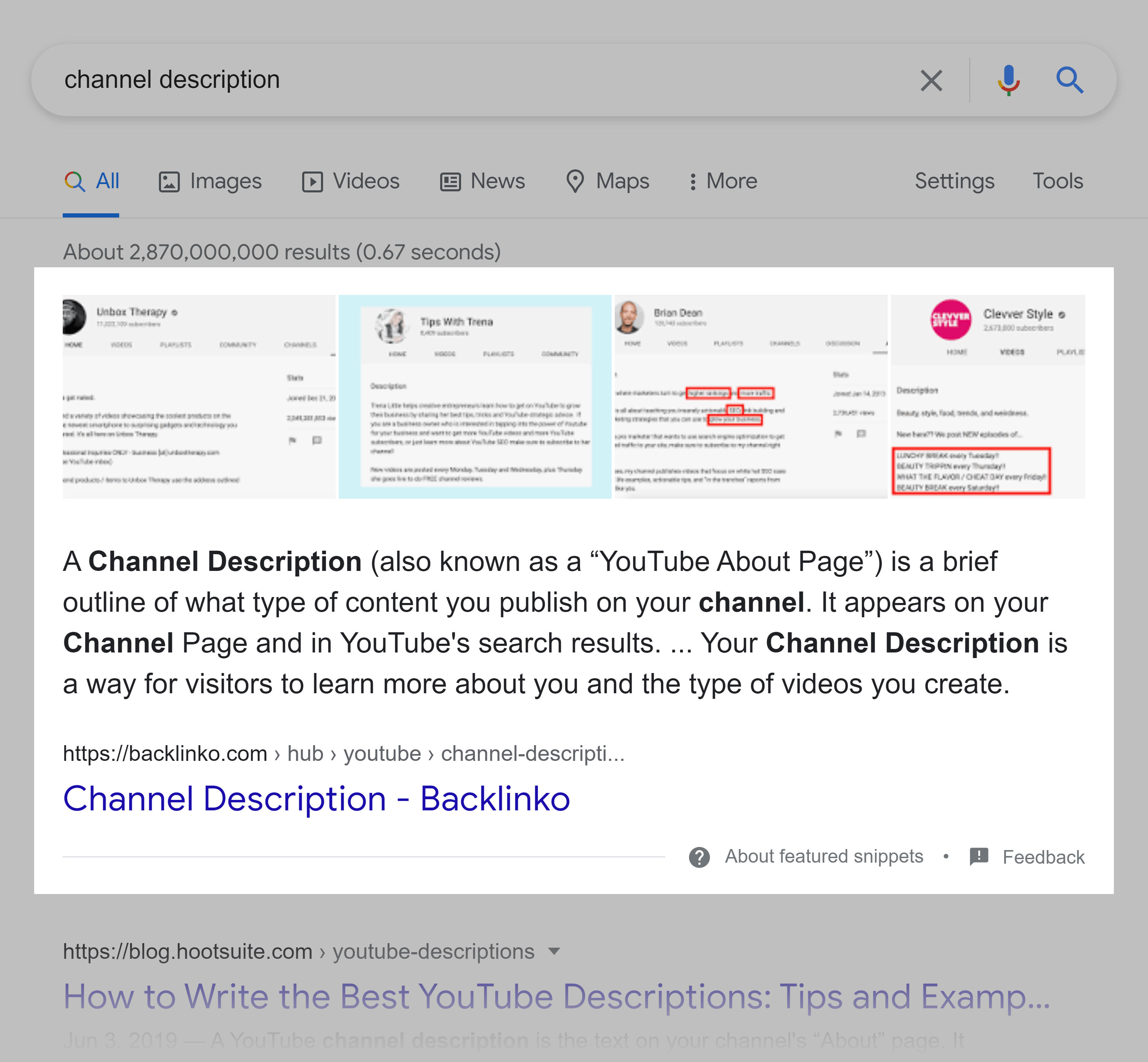 Google SERP – Channel description – Featured snippet Google SERP – Channel description – Featured snippet