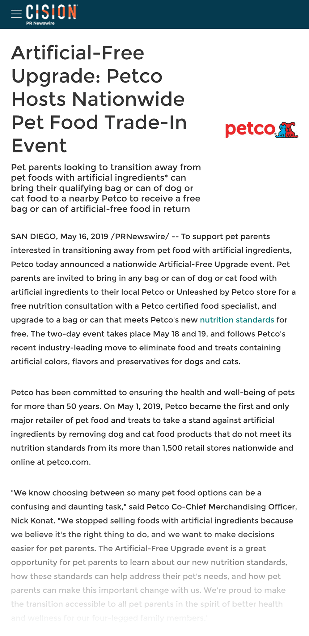PetCo press release example PetCo press release example