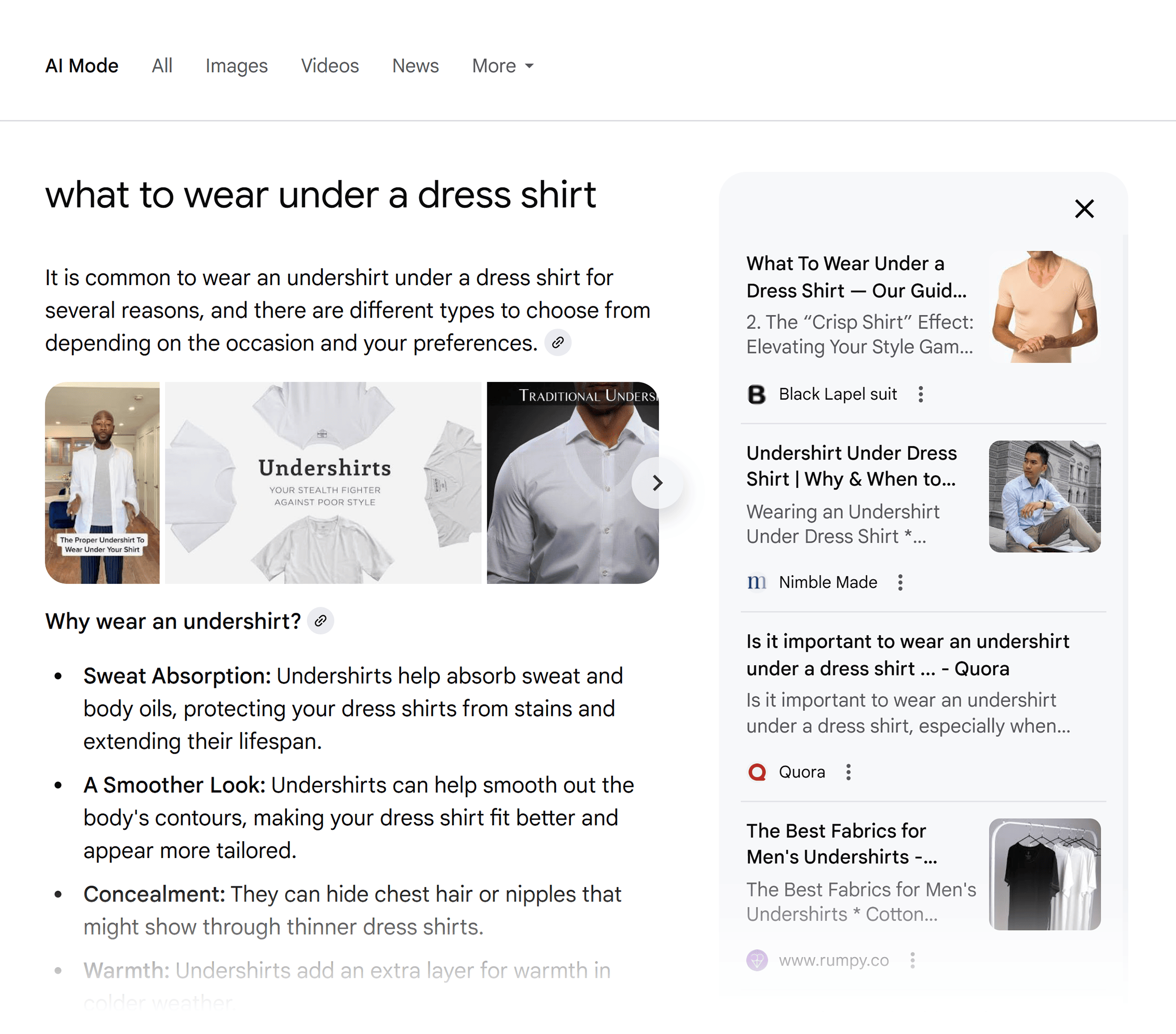 Google SERP – What to wear under a dress shirt – AI Mode